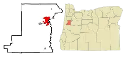 Location of Corvallis within Benton County (left) and Benton County within Oregon (right)