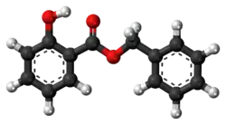 Ball-and-stick model of the benzyl salicylate molecule
