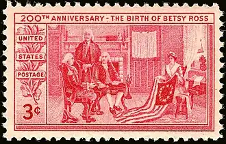 3¢ stamp issued in 1952 to commemorate Betsy Ross' 200th birthday.