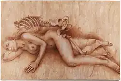 Bez názvu VIII, 1995 - 1997, sepie, americká retuš, akryl na papíře a dřevě, 85x125 cm