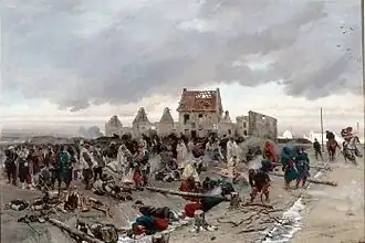 Painting representing a bivouac of soldiers of the French army. They occupy the lower half of the painting, the other half is occupied by a large grey cloud. Dozens of soldiers are standing in uniform or wrapped in blankets; some are sleeping on the ground or in a small trench. Behind them, there is no vegetation left. In the background, a large building, of which only parts of the wall remain.