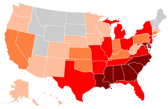 A map of the black percentage of the U.S. population by each state/territory in 1990. Black = 35.0+% Brown = 20.0–34.9% Red = 10.0–19.9% Orange = 5.0–9.9% Light orange = 1.0–4.9% Gray = 0.9% or less Pink = No data available