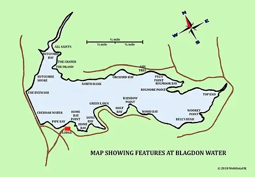 Map of Blagdon Lake showing notable bank features