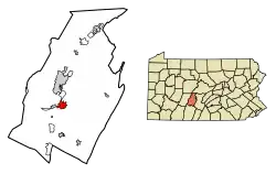 Location of Hollidaysburg in Blair County, Pennsylvania (left) and of Blair County in Pennsylvania (right)