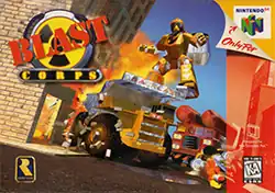 Nintendo 64 box art with red-colored duotone overlay along the right side of the box. The console logo in the upper right, with an indication that the game is exclusive to the console, and the ESRB content rating in the lower right. The Blast Corps logo is in the upper left: a diagonal "Blast" in red, capital letters, atop a yellow and black "toxic" symbol. The Rareware yellow and blue logo resembling the curve of the letter "R" is in the bottom left. The horizon of the background is slanted to the right: a trump truck is slamming into a building, a fiery explosion extends from the collision site, a polygonal humanoid figure hovers above the dump truck, and a red fire engine-like vehicle with two cylinders mounted atop approaches from the right.