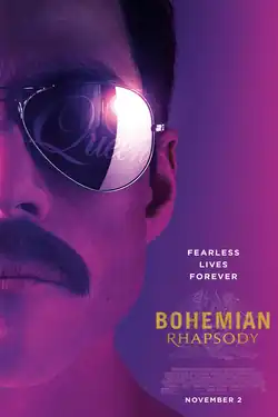 Bathed in a purple hue, the left half of the profile of Rami Malek as Freddie Mercury, who dons sunglasses with the logo for "Queen" reflected on the lens, is seen.