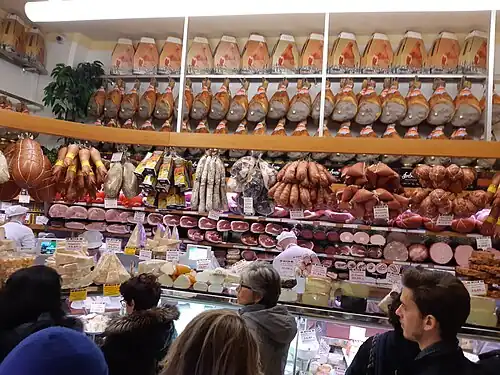 Hams, pig's trotters, sausages, and mortadella in Bologna, 2019