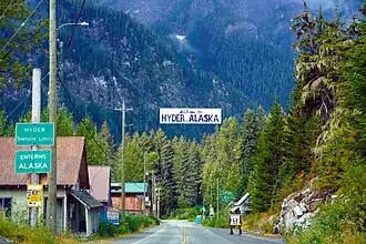 The border between Stewart, British Columbia, and Hyder, as seen from the Canadian side.