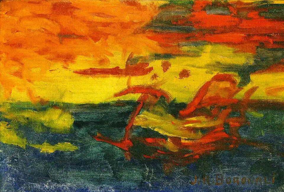 Et le soleil s'endormit sur l'Adriatique (Sunset Over the Adriatic), 54 × 81 cm, painting partially made by donkey (Lolo) assisted by Roland Dorgelès.