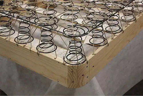 The corner of a boxspring, without its cloth covering. This boxspring has a wooden frame with wooden slats