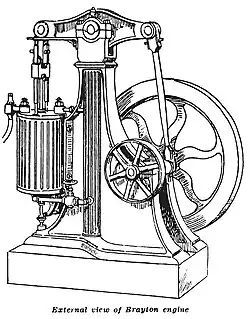 A vintage mechanical device known as the Brayton walking beam engine from the year 1872