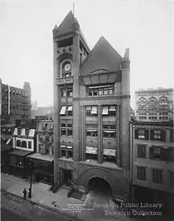 A black and white picture of the Brooklyn Fire Headquarters as seen circa 1910