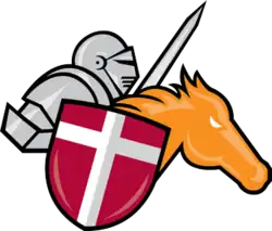 Drawing of a knight holding a red shield and riding an orange horse