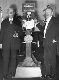 Image 40Max Skladanowsky (right) in 1934 with his brother Eugen and the Bioscop (from History of film technology)