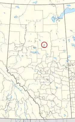 A map of the province of Alberta showing 80 counties and 145 small Indian reserves. One is highlighted with a red circle.