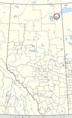 A map of the province of Alberta showing 80 counties and 145 small Indian reserves. One is highlighted with a red circle.