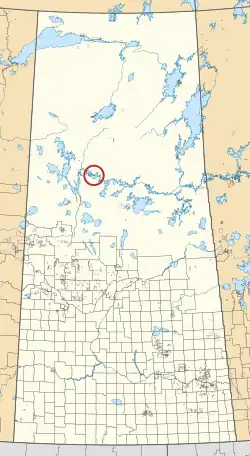 A map of the province of Saskatchewan showing 297 rural municipalities and hundreds of small Indian reserves. One is highlighted with a red circle.