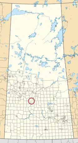 A map of the province of Saskatchewan showing 297 rural municipalities and hundreds of small Indian reserves. One is highlighted with a red circle.
