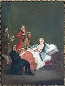 Painting depicting a young woman in a plush bed with a dog on her lap. She is surrounded by three men holding cups.