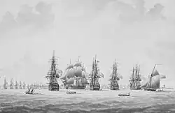 Print of Five sailing ships, four seen stern on, and the fifth from the side. A town and coastline in the background, with a line of distant ships in front of it.