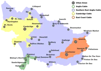 Franchise map showing areas served by Anglia Cable, Southern East Anglia Cable, Cambridge Cable and East Coast Cable