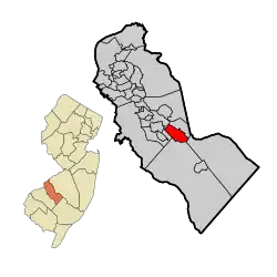 Location of Berlin in Camden County highlighted in red (right). Inset map: Location of Camden County in New Jersey highlighted in orange (left).