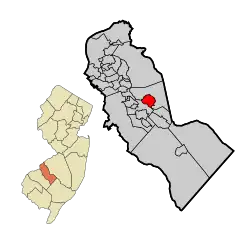 Location of Gibbsboro in Camden County highlighted in red (right). Inset map: Location of Camden County in New Jersey highlighted in orange (left).