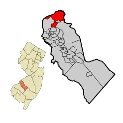 Location of Pennsauken Township in Camden County highlighted in red (right). Inset map: Location of Camden County in New Jersey highlighted in orange (left).