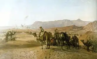 A painting of soldiers on camels
