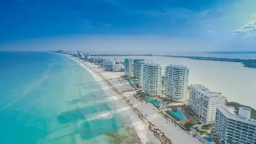 Aerial photograph of Cancun beach and buildings