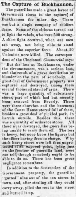 old newspaper article saying Jenkins captured Buckhannon