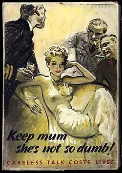 A glamorous blonde woman reclining, and officers from each branch of the Armed Forces standing around her and speaking to each other.