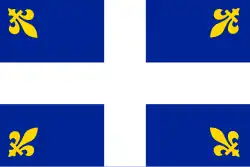 A rectangular flag with a blue background divided into quadrants by thick white lines. Each quadrant has a small gold fleur-de-lis near the outer corner with the top pointed in toward the center.
