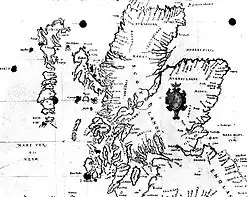 1580 Carte of Scotlande showing Hyrth (i.e. Hirta in St Kilda) at left and Skaldar (Haskeir) to the north west