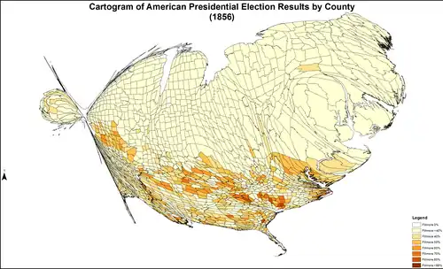 Cartogram of American/Whig presidential election results by county