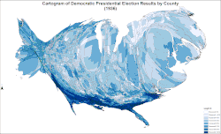 Cartogram of Democratic presidential election results by county