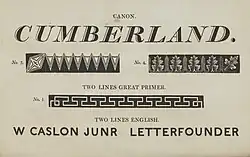 Specimen by William Caslon IV showing his Two Lines English Egyptian sans-serif, the first general-purpose &quot;sans-serif&quot; printing type ever. Cut in only one size, it was apparently not promoted with any prominence.
