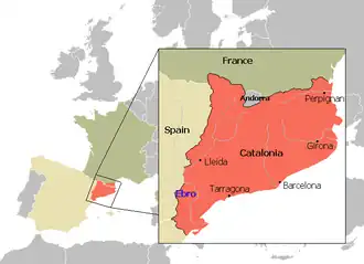 Location of the Catalan Republic. The territory temporary occupied by Spanish armies isn't depicted