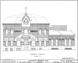 A careful line drawing of the bank from a head-on, northwestern perspective.