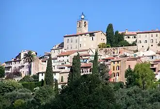 The clock tower of the church of Saint-Martin in Châteauneuf-Grasse