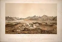 "The Chain of the Kuenlúen, from Súmgal, in Turkistán (Lat North 36° 8', Long. East of Green. 78° 5', Height 13, 215 Engl. feet)" by Hermann Schlagintweit, August 1856. Lithographed by Sabatier, printed in oil-colours by Lemereier, Paris. The Hindu-tagh Pass is the break in the mountains on the right.