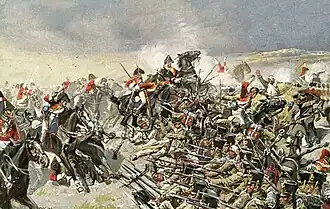 Painting shows red-coated horsemen attacking infantrymen in beige coats.