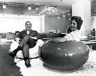 Charles and Eleanore Stendig at the Stendig, Inc. showroom, New York City, c. 1970. Photographer unknown, Charles Stendig Collection, R & Company Archives.