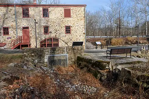 South Western elevation of mill building, showing Tail Race in foreground
