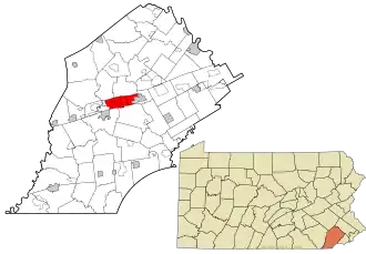 Location of Caln Township in Chester County (left) and of Chester County in Pennsylvania (right)