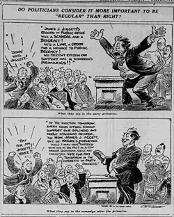 Chicago Tribune political cartoon published the day after the election deploring politicians for publicly endorsing candidates in general elections who they had previously condemned strongly during preceding primary elections.
