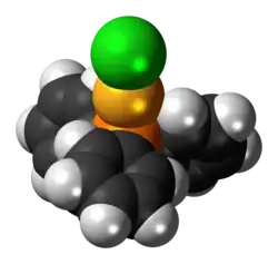 Space-filling model of the chloro(triphenylphosphine)gold(I) molecule