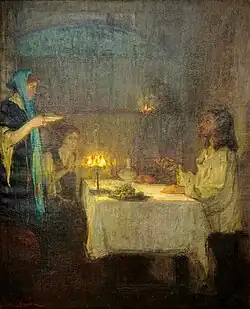 Christ at the home of Mary and Martha lightened. In this lightened version, the figure of "Judas" is more clearly visible.