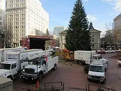 Photograph of a Christmas tree in a public plaza, with buildings in the background
