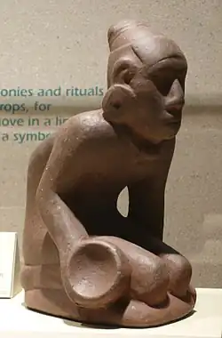 The "Chunkey Player" statuette, made of Missouri flint clay, depicts the ancient Native American game of chunkey. The statuette is believed to have been originally crafted at or near Cahokia Mounds; it was excavated at a Mississippian site in Muskogee County, Oklahoma, revealing the reach of the trade network of this culture.
